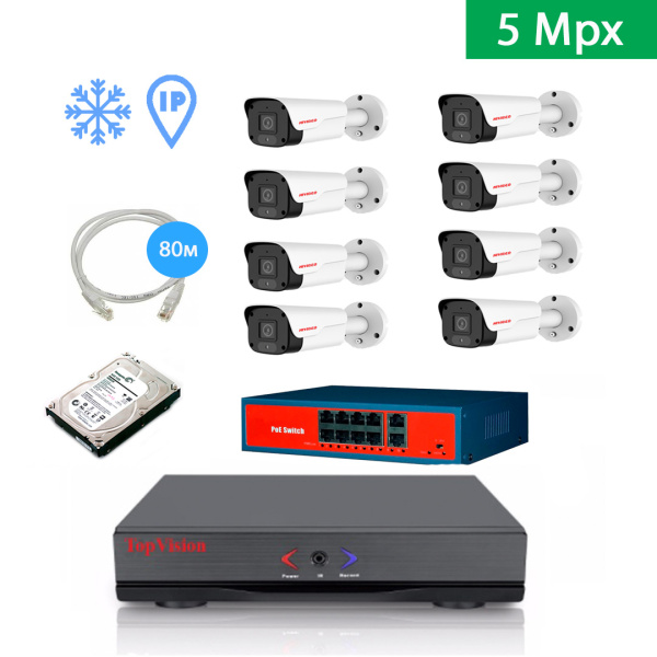 IP Комплект видеонаблюдения HIVIDEO на 8 уличных камер 5mpx